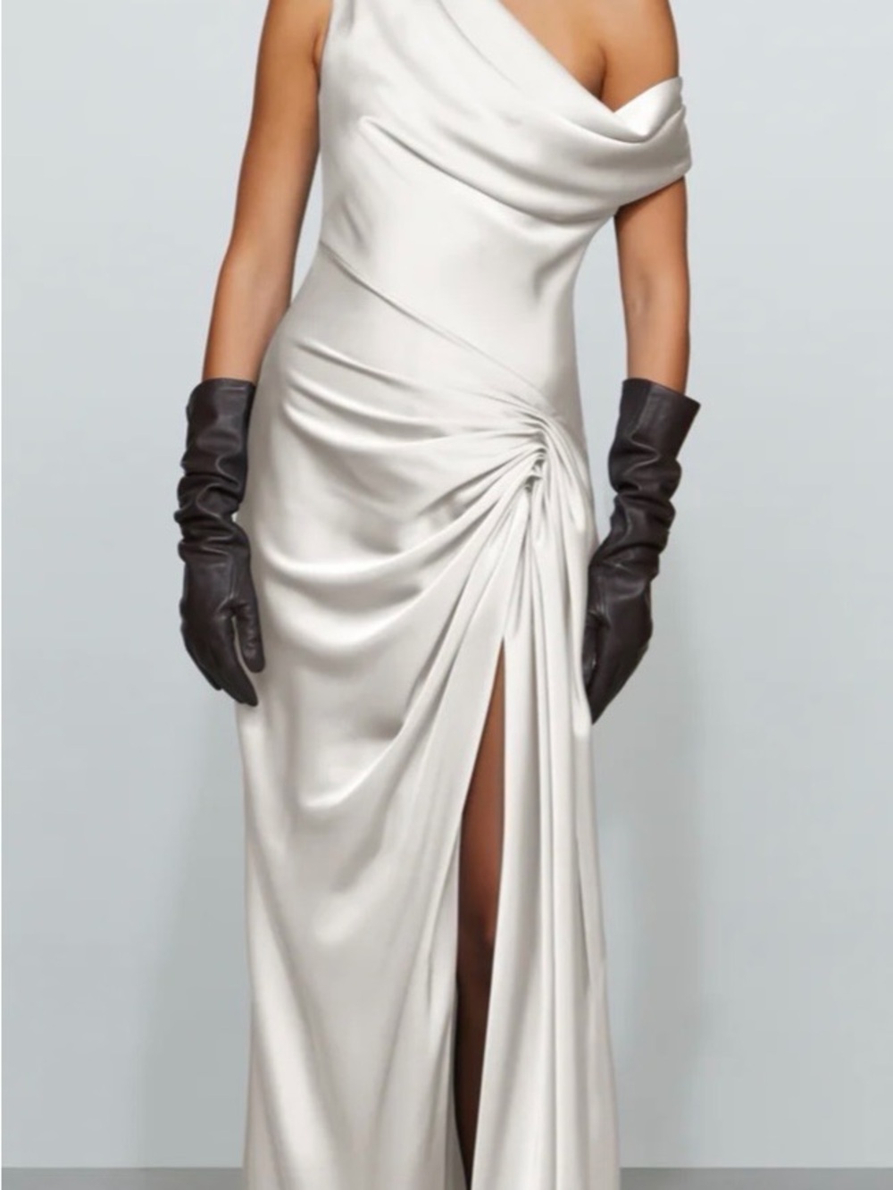 Off-White One-Shoulder Draped Evening Gown with Side Ruched Slit